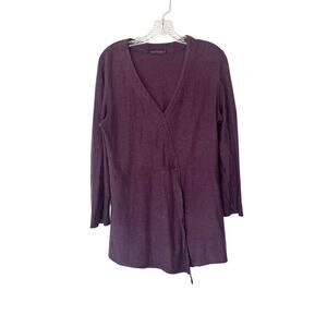 Cut Loose Top Purple V-Neck 3/4 Sleeve Linen Cotton Jersey Tuck‎ Front Medium
